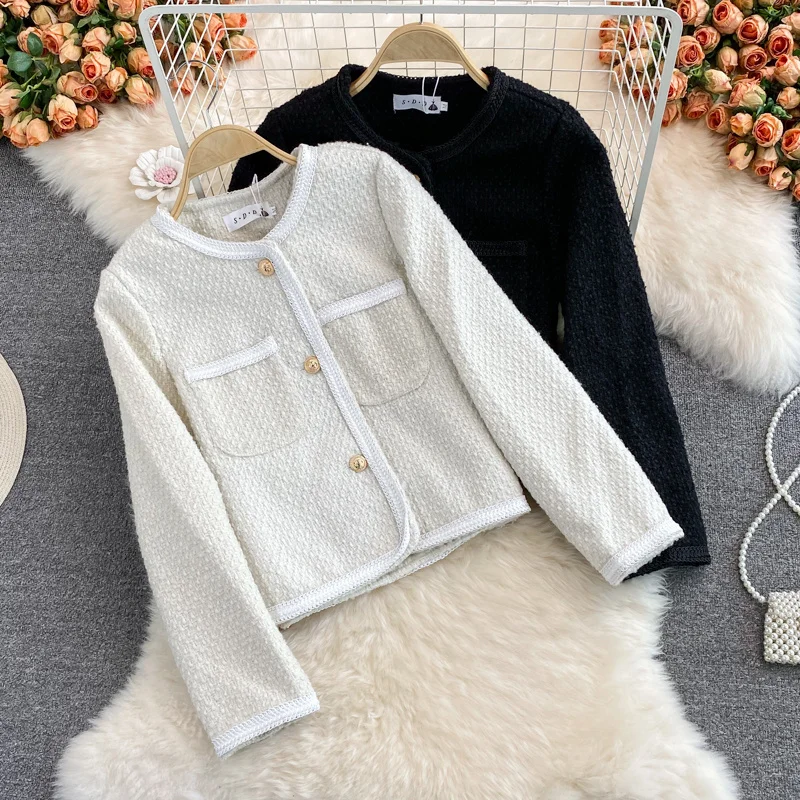 

Fashion Girl Long Sleeve Coat Female 2021 Autumn Winter Celebrity Hepburn Style Women Woven Tweed Short Suit Cardigan