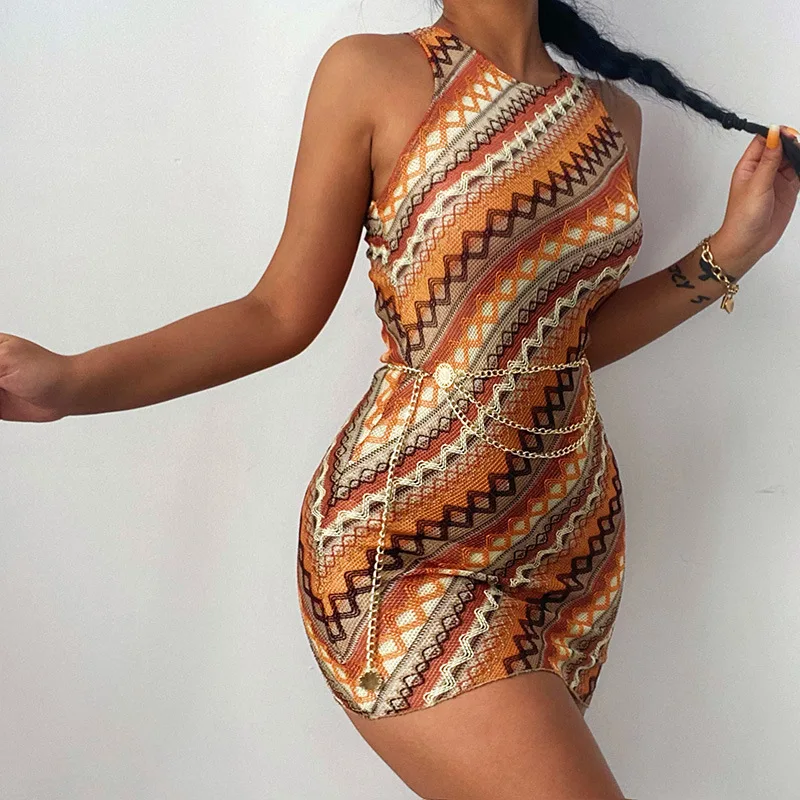 

Summer Knitted Stripe Sleeveless Asymmetric Short Skirt Women Color Party Club Sexy Tight Wrap Buttocks Mini Dress