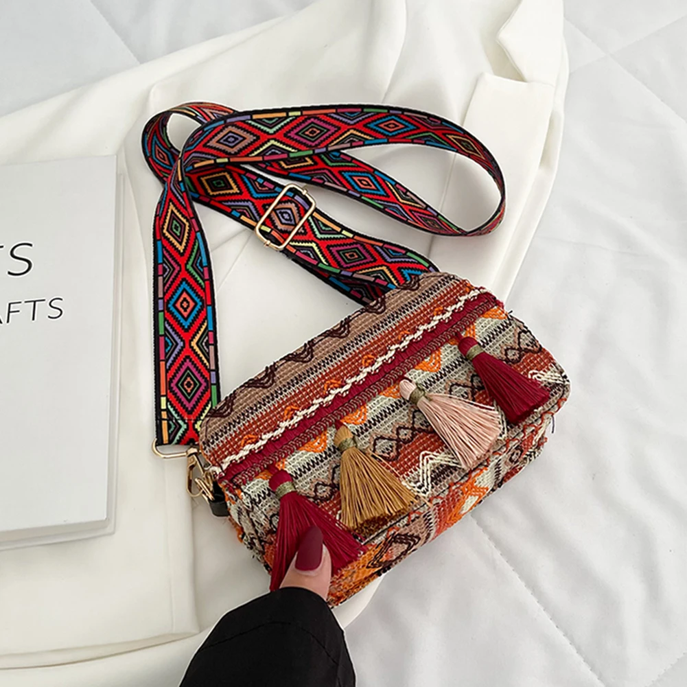 

Модные женские сумки в этническом стиле, наплечная кросс-боди сумка из искусственной кожи с полосатым принтом, повседневные женские мини-су...