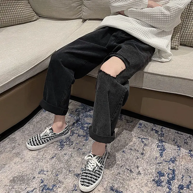 

Solid Color Ripped Jeans Men Korean Fashion Loose Casual Jeans Men Harajuku Streetwear Hip-hop Wide-leg Straight-leg Pants Men