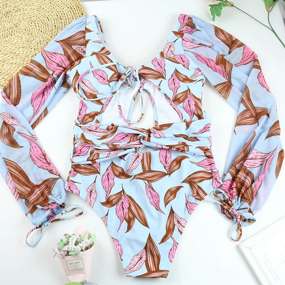 

2021 New Style One Piece Swimsuit Women Long Sleeve Leaves Print Bandage Swimwear Female Beach Wear String Bathing Suit