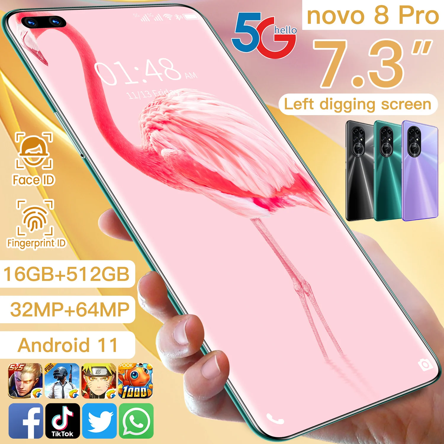 

Huawe Novo8 Pro 7.3" HD 4G/ 5G Mobile Phone 16GB+512GB Smart Phone +32GB Card Global Version Android 11 Cheap Cellphone Global