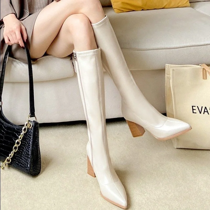 

Western High Boots Winter Knee High Boots Women 2021 Leather Thick High Heel Long Boots Zip Square Toe Shoes Female Botas Mujer