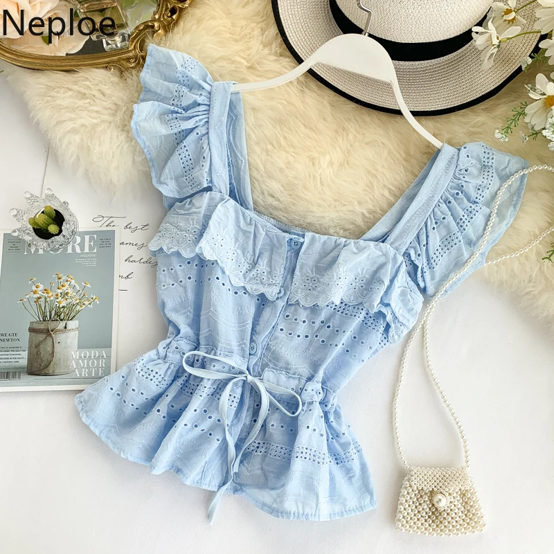 Neploe женская блузка шикарный корейский квадратный воротник открытые оборки без