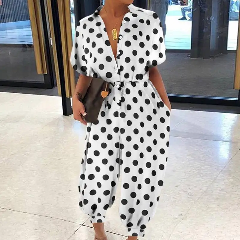 

Women Leopard Print Jumpsuit Retro Summer Short Sleeve Lace-Up Playsuit Overalls Casual Button V-Neck Pocket Romper Bodysuit 5XL