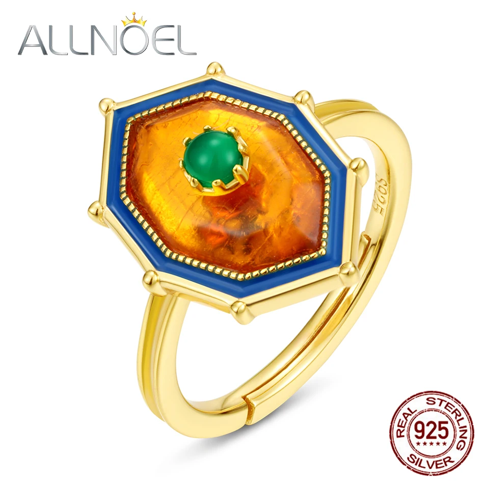 ALLNOEL 925 пробы Серебряное женское кольцо из натурального агата янтарного камня
