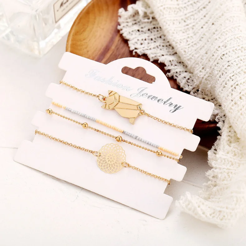 

Creative 4 Pcs/Set Cat Beaded Chain Hollow Pattern Multilayer Bracelet Set for Women Jewelry Gift