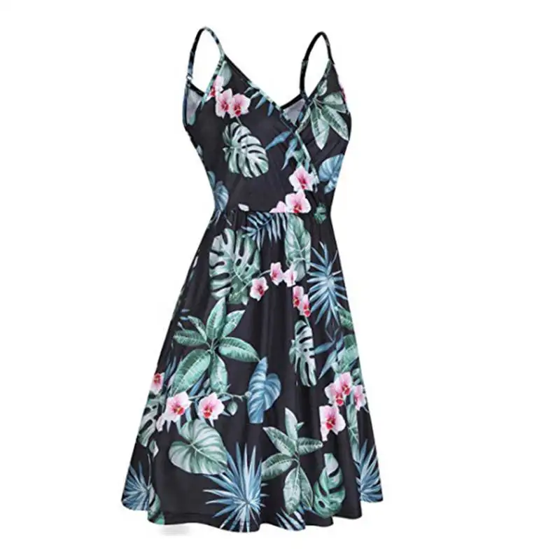 

Summer Women Ladies Dress V neck Print Folds Suspenders Casual Pockets Big Swing Dress Floral Boho Party Sexy Midi Dresses