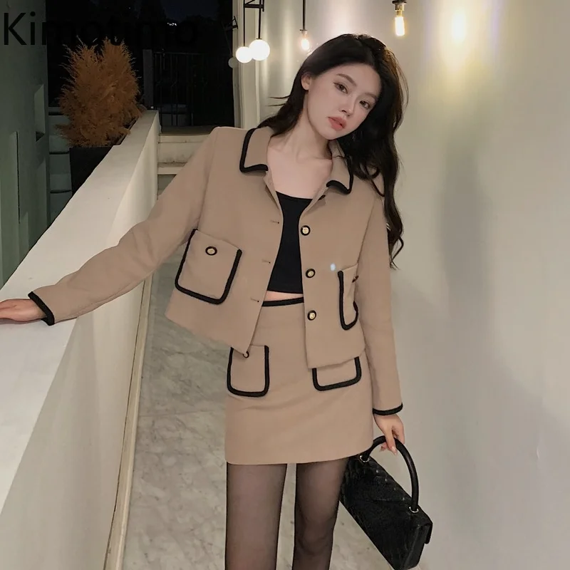 

Kimotimo женские маленькие парные комплекты, корейский стиль, Осень-зима, элегантное контрастное короткое пальто и трапециевидная мини-юбка с в...