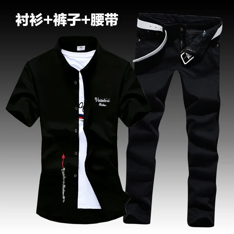 

Fashion Men's Casual Short Sleeve Shirt With Jeans Pencil Pants Two Pieces Set M38