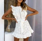 Женское винтажное короткое платье, белое кружевное ажурное платье с высокой талией и вышивкой, повседневное элегантное платье с оборками, лето 2020