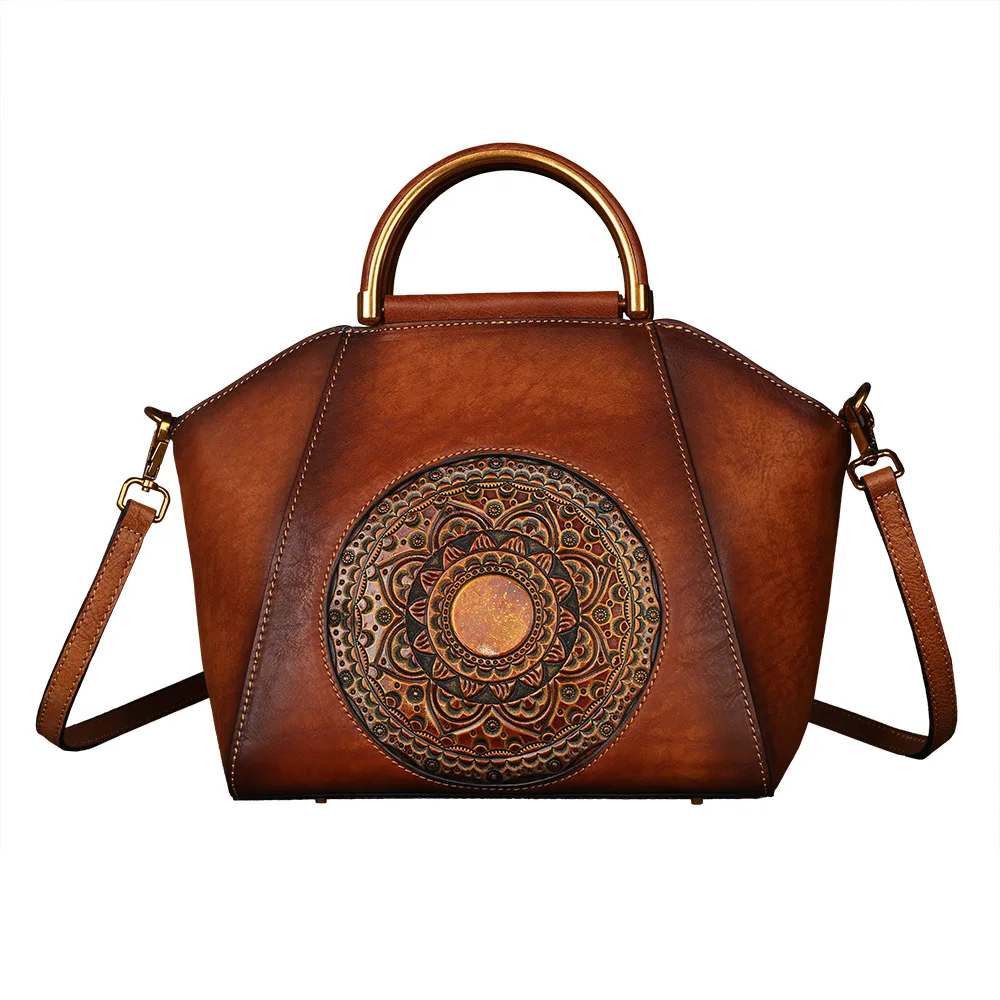 Women's Handbag Totem Embossed WOMEN'S Leather Bags One-Shoulder Full-grain Leather Retro Rub Color Tote Bag
