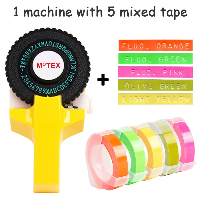 Желтый Цвет MoTex E101 принтер мини DIY ручной совместимый для dymo 3D Тиснение Ручной ленточный ручной пишущая машинка надписи машина - Цвет: machine add 5 mixed