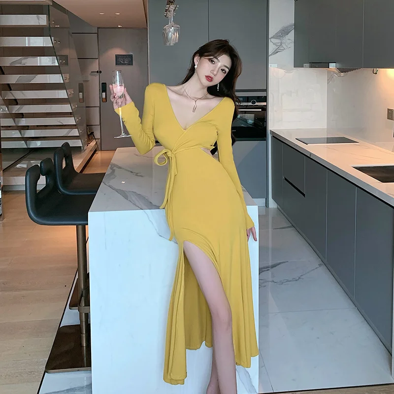 

Элегантное Длинное платье, Новинка лета 2021, соблазнительная облегающая юбка во французском стиле с разрезом, трапециевидная юбка для женщи...