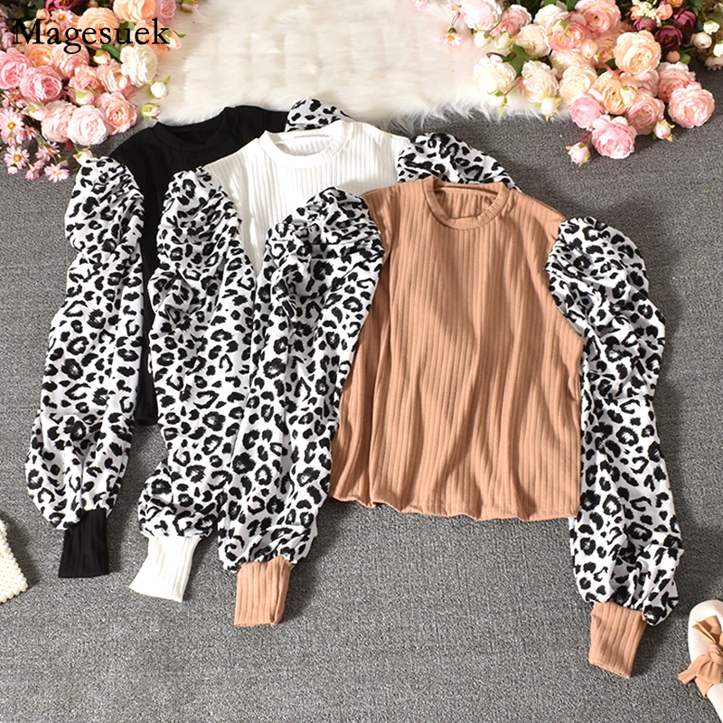 

Spring Autumn New Loose Shirts For Women Stitching Vintage Puff Sleeve Top Women Sexy Leopard Cotton Casual Women Blouses 12065