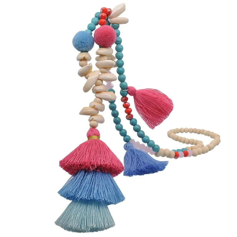 

Multilayer Tassel Handmade Wood Beaded Necklace for Women Beach Jewelry Shellfish Turquoise Long Pendant Sweater Chain
