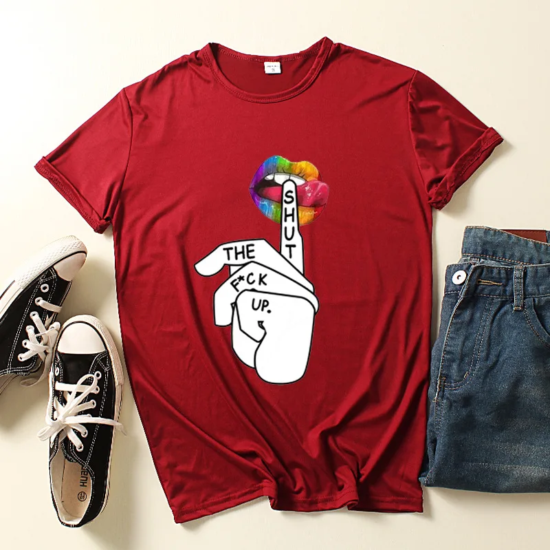 

Lips Colourful Letter Print Women T Shirt Short Sleeve O Neck Loose Women Tshirt Ladies Tee Shirt Tops Clothes Camisetas Mujer