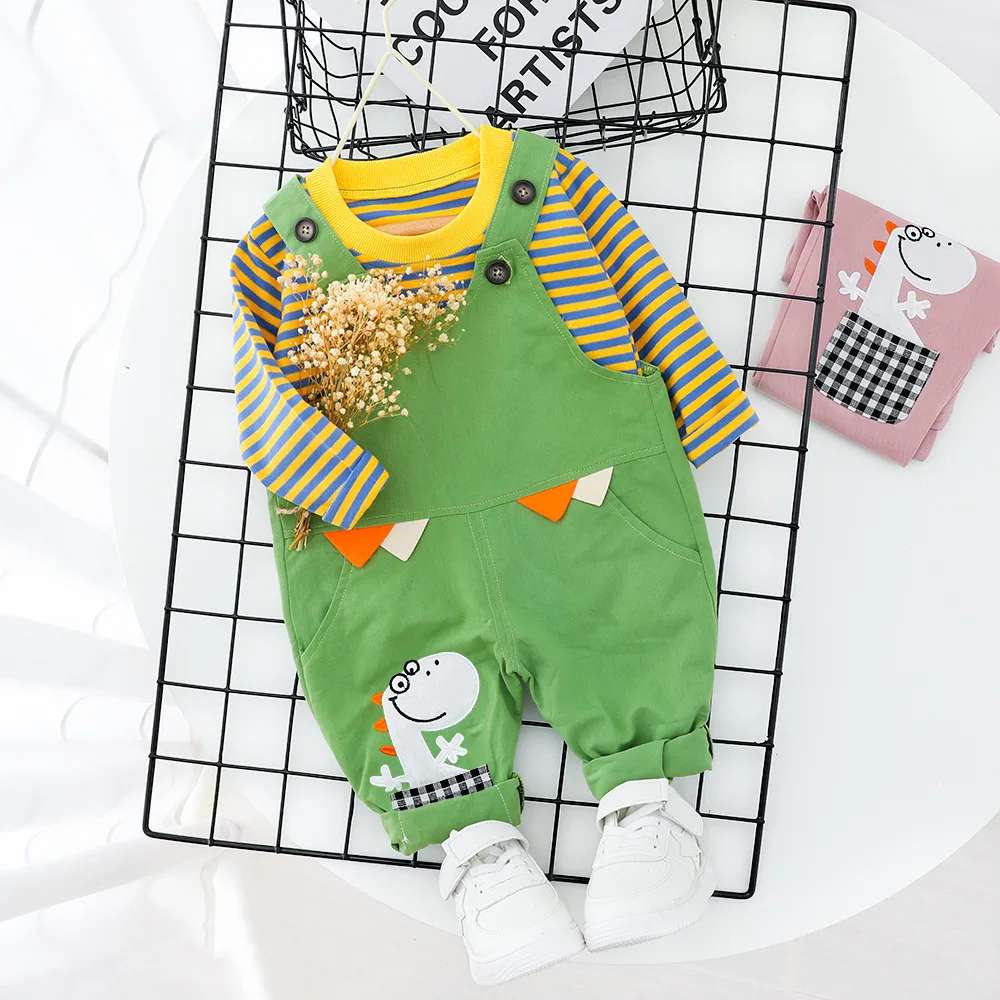 

Spring suit for boys new 2020 children's wear for babies aged 1-3 boy's striped hoodie dinosaur strap two-piece suit