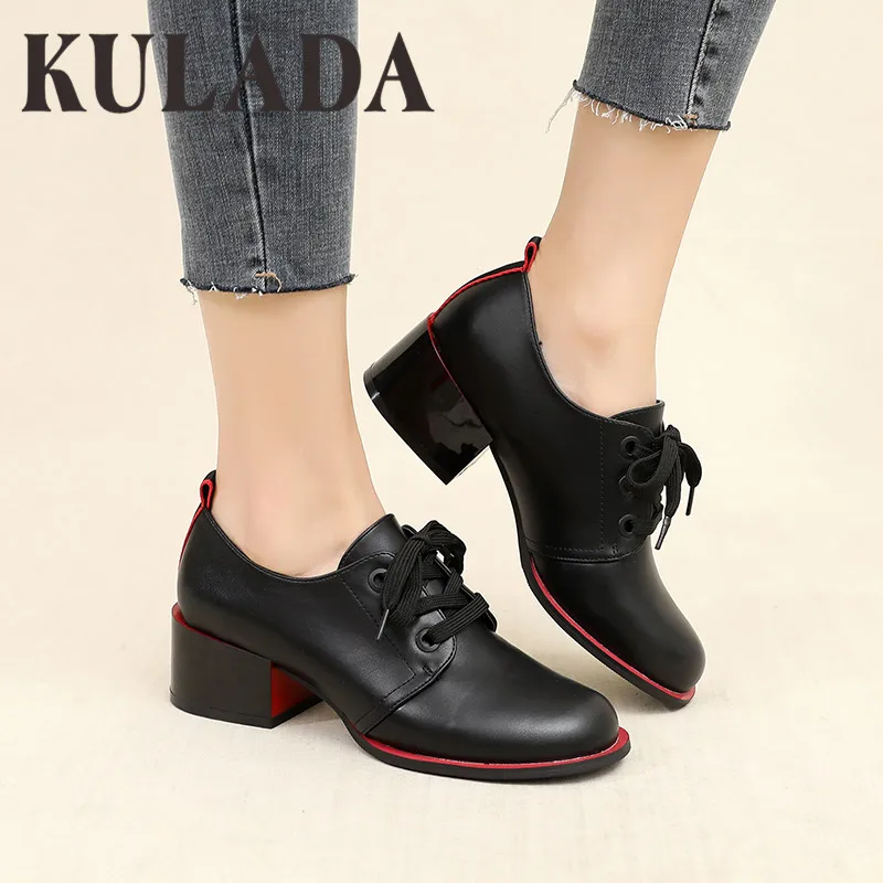 Туфли KULADA женские на высоком толстом каблуке лакированная кожа со шнуровкой