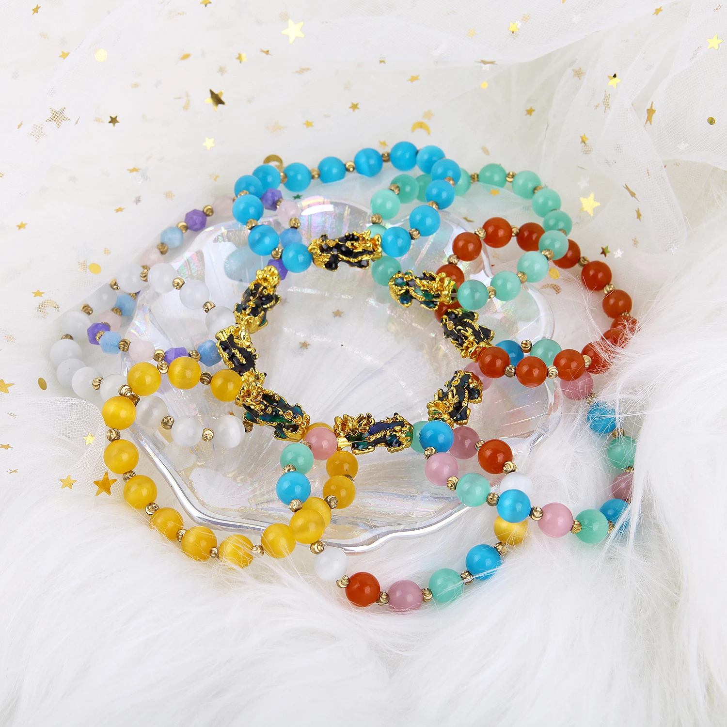 

Thermochromic Feng Shui Stretch Bracelet Golden Piuxiu Charm Bracelet Natual Opals Stone Quartz Crystal Bead Wealth Lucky Unisex