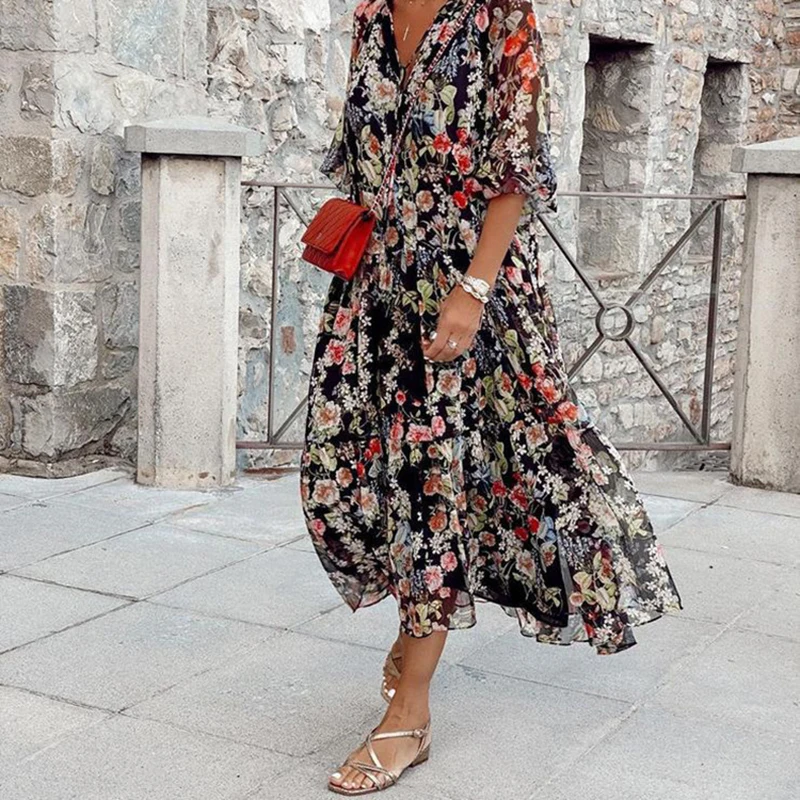 

Spring And Summer Mid Sleeve Floral Print Dress 2021 V-neck Party Dresses Dress Office Vestidos