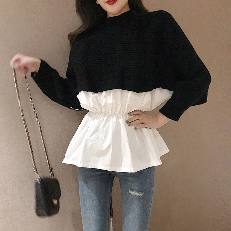 TWOTWINSTYLE Korean Women's Sweater O Neck Long Sleeve Patchwork Hit Color Female Pullovers 2020 Autumn Oversized Fashion New | Женская