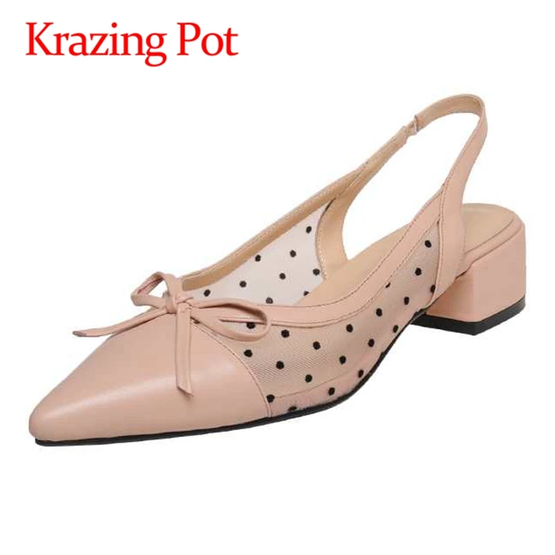 

lenkisen genuine leather pointed toe med heels butterfly-knot solid mesh polka dot toe cap mules slip on women sandals L6f8