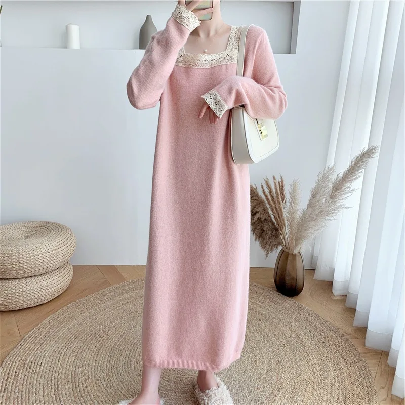 

Элегантное вязаное длинное платье в стиле ретро с квадратным вырезом, Осень-зима