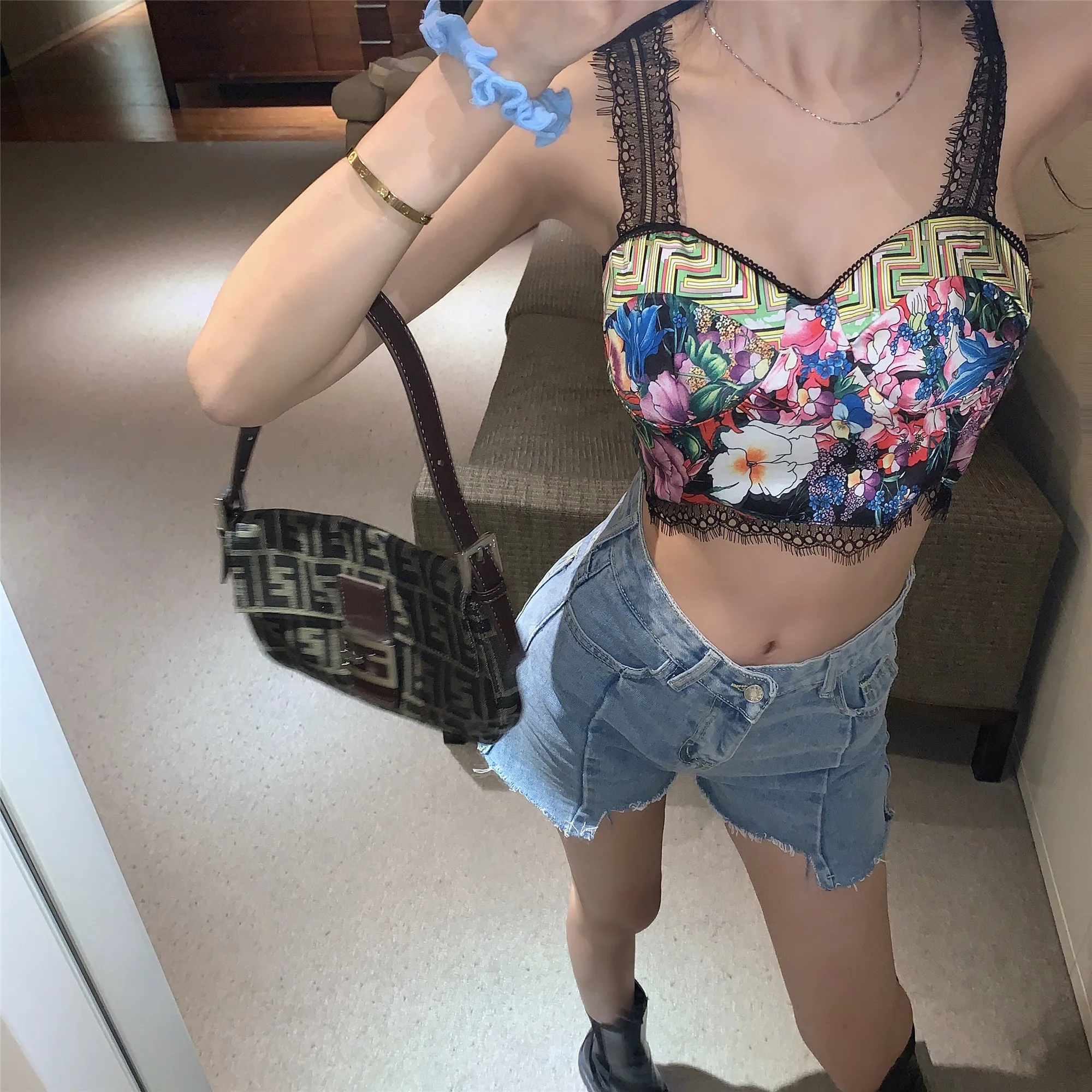 

Vintage Women Print Crop Tops Summer Femme Sexy padded Camisole Tops Sexy Lady Print Camis Women Short Strap Tops