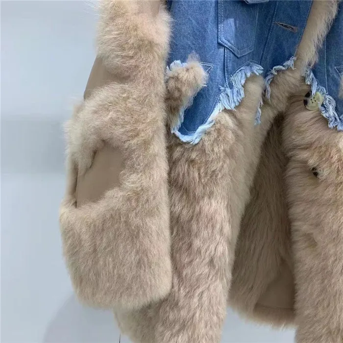 Двустороннее Женское пальто из натуральной овечьей кожи, шерстяная куртка с мехом, лоскутное джинсовое зимнее пальто для женщин