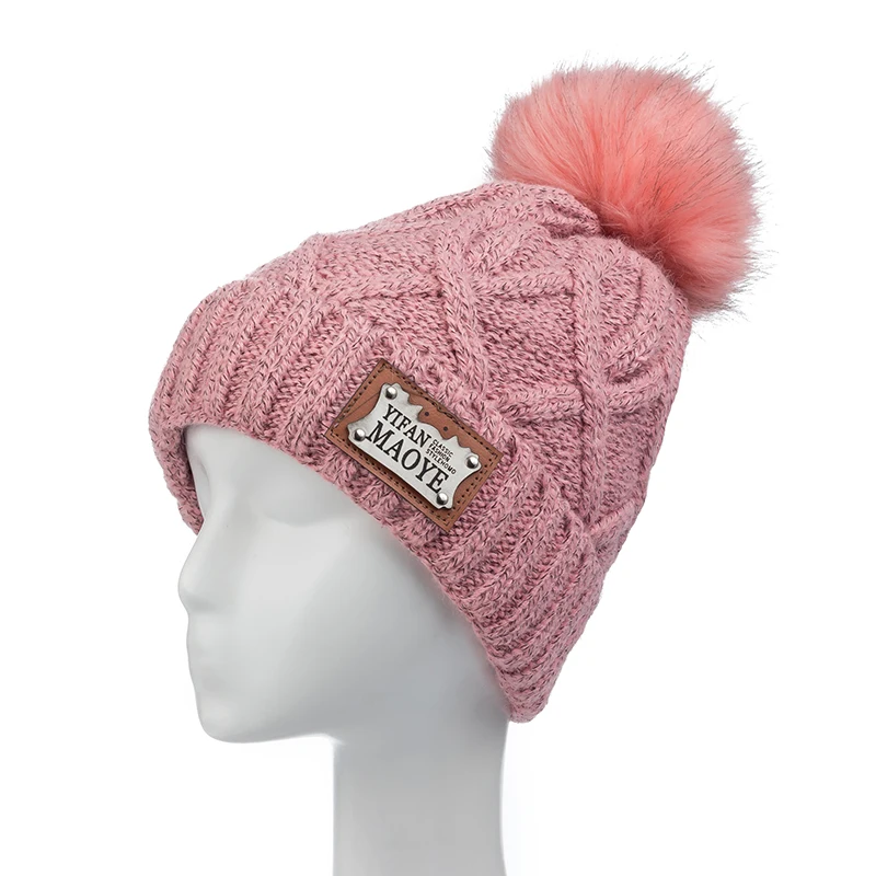 Pink Шапка женская зимняя высокого качества с подкладкой из теплого меха вязаная шапка модная толстый шапка с помпонами и надписью MAOYE шапка женская - Цвет: Pink
