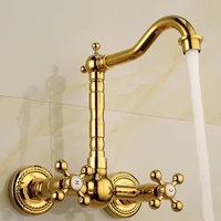all copper wall mounted golden european style faucet with rotating hot and cold water mixing valve