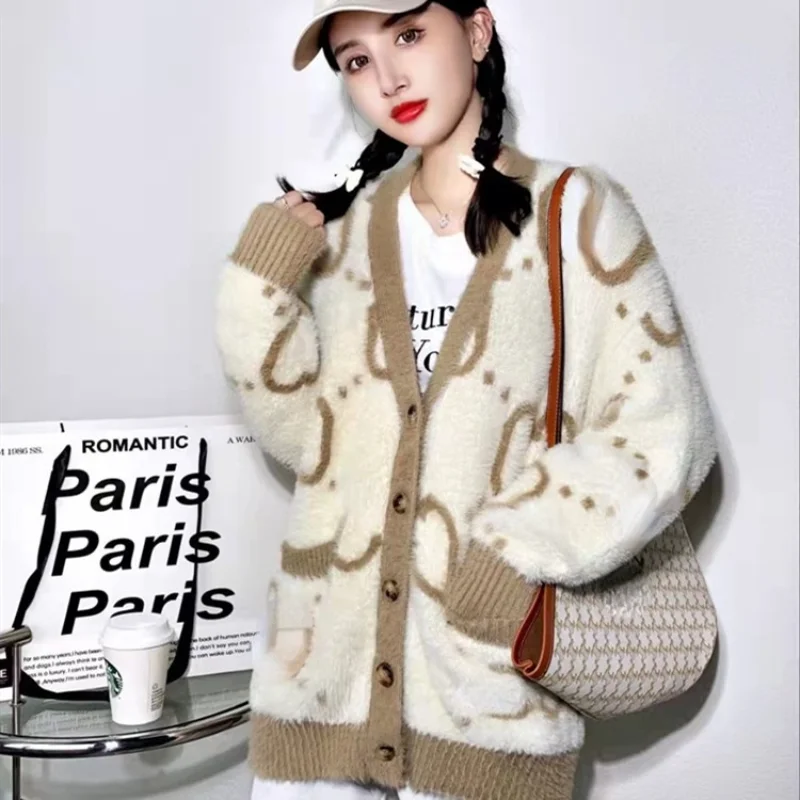 Новинка 2021 Женский жаккардовый свитер с надписью вязаный кардиган из Золотой