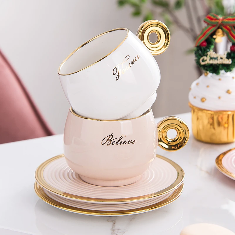 Ceramics Phnom Penh Coffee Cup And Saucer Set With Spoon Gold Rim Tea Juice Drinks Mug Children's Breakfast Milk Couple | Дом и сад