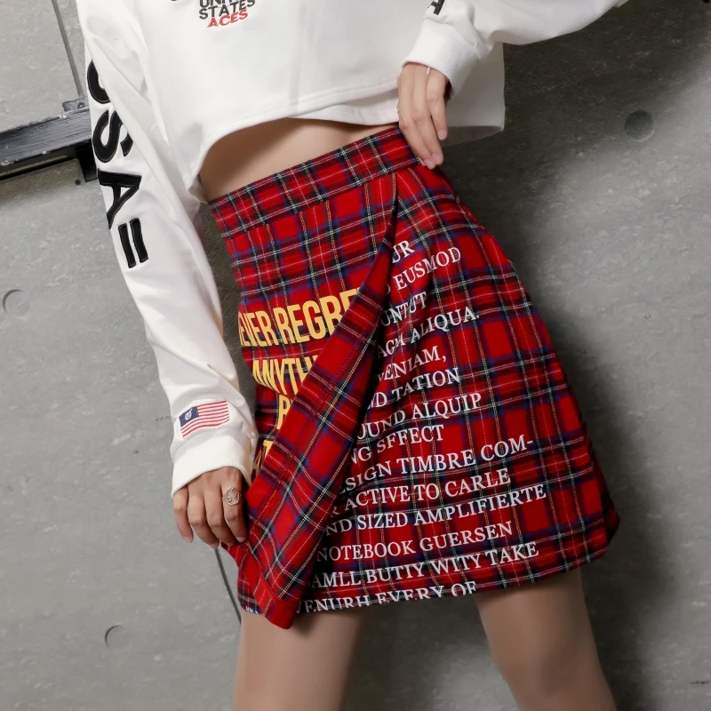 

Short Red Plaid Skirts with Letters for Women Dancer Korean Skirt Scotland Style A-line Streetwear Mini Skirt Casual