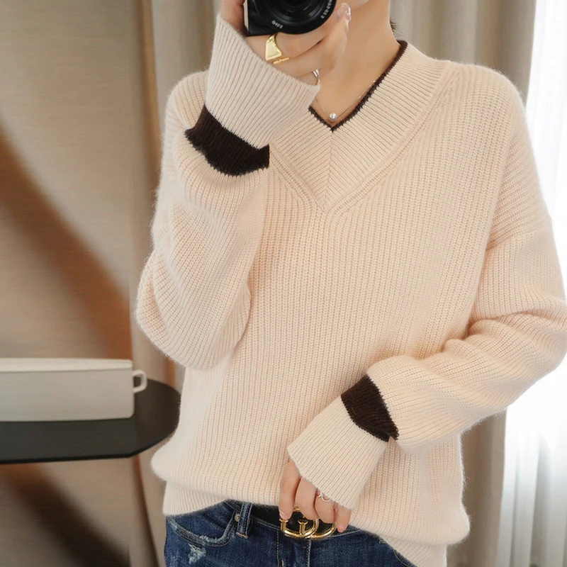 

2020 Autumn and Winter Thick Wool Sweater Woman V-neck Color Road Pullover Fashion warm Knit Bottoming 100% Pure Wool Sweater