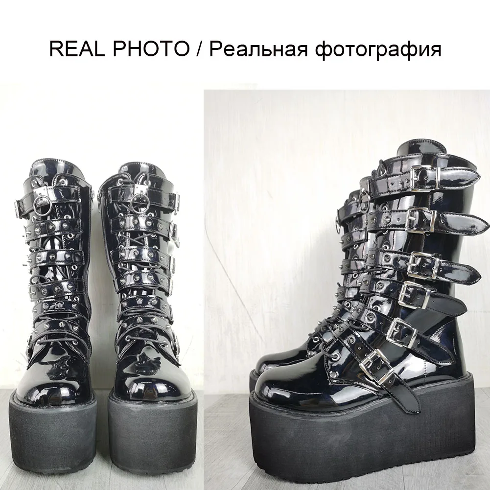 DORATASIA INS Brand Punk Gothic Zipper Buckle Rivit Thick Heel Platform women's Boots Cool Cosplay Women Motorcycle | Обувь