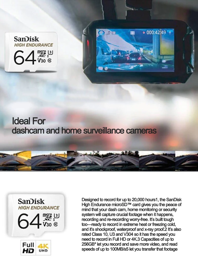 SanDisk высокопрочная карта памяти Micro SD 128 Гб 64 ГБ 32 ГБ 256 Гб Microsd U3 V30 4K Flash MicroSD карта для монитора видео Автомобильный видеорегистратор