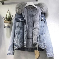 women fashion denim jacket oversized loose fur collar thicken jean parkas 2022 winter clothes velvet lining female warm coat