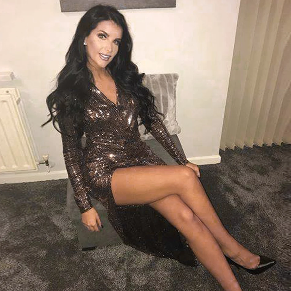 Женское вечернее длинное платье с блестками длинным рукавом знаменитости осень