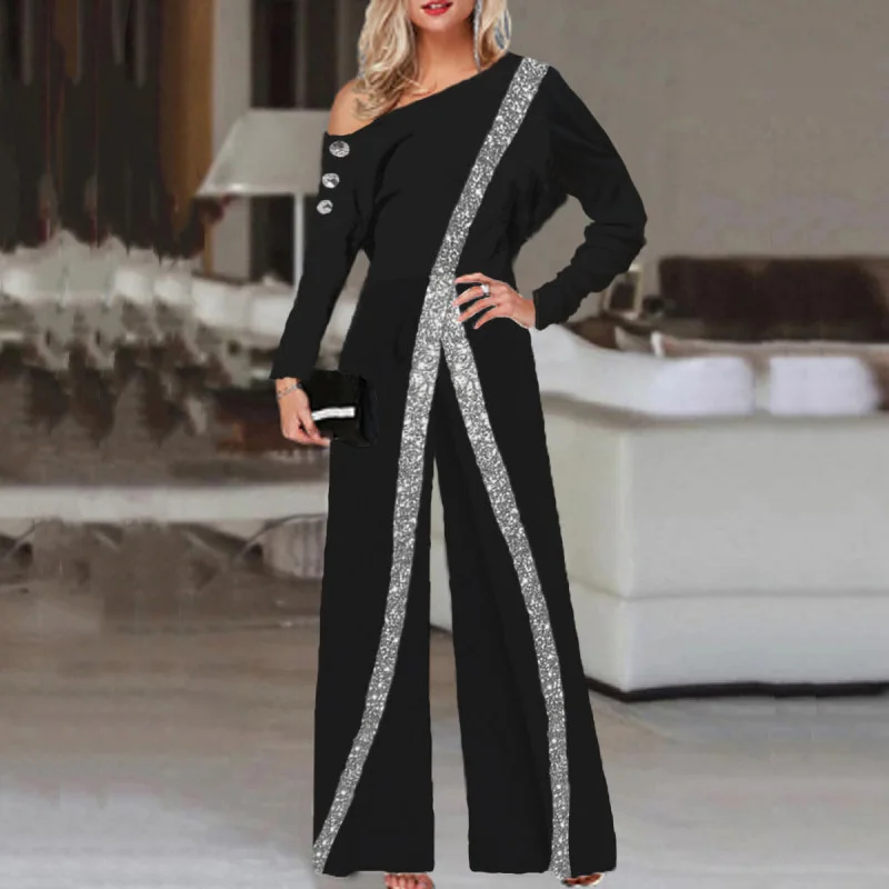 

Office Ladies High Street Sequin Jumpsuits Casual Loose Wide Leg Pant Overalls Rompers Spring Women Elegant Patchwork Playsuits