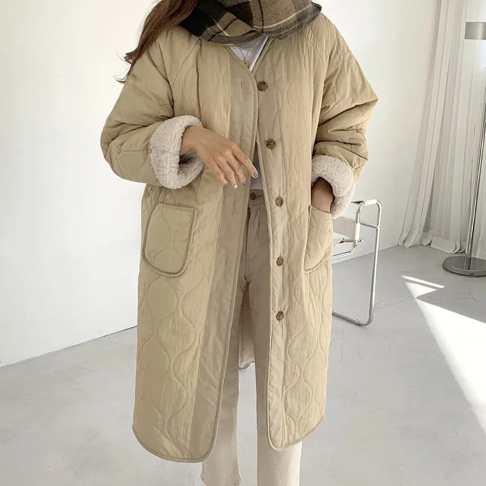 

Корейская зимняя позитивная и отрицательная Двусторонняя свободная стеганая куртка из овечьей шерсти с длинными рукавами