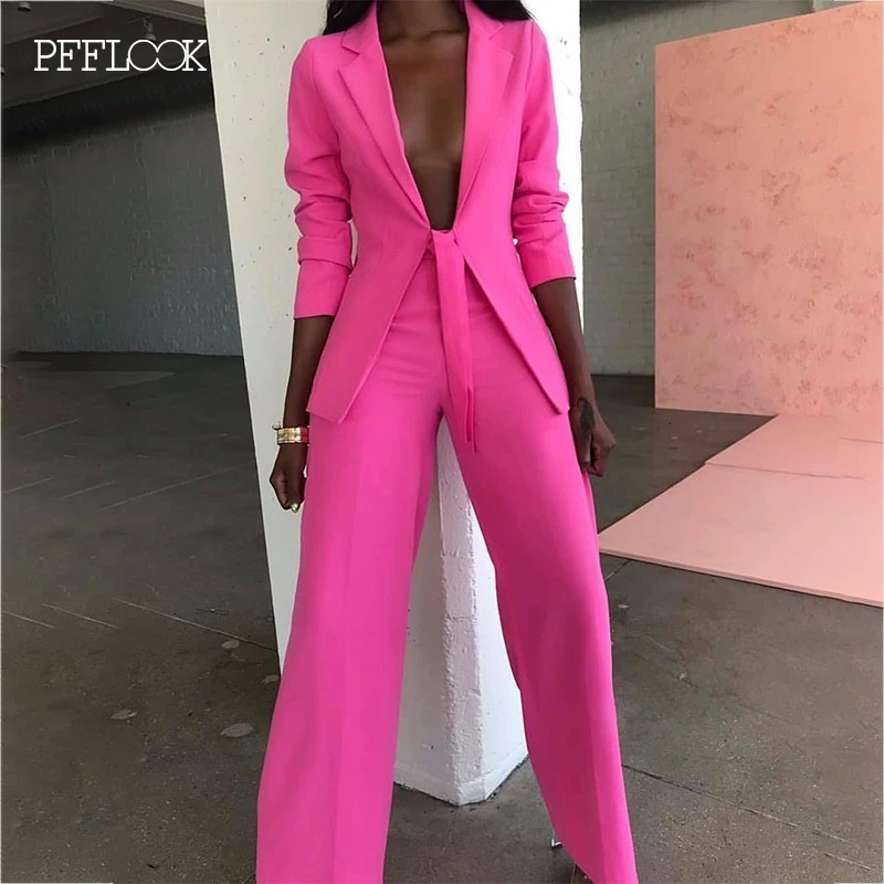 Pink PFFLOOK летний комплект из двух предметов для работы OL пиджак и шорты женский комплект 2 шт. поясом с рукавом 3/4 Женский комплект из двух предметов - Цвет: Pink
