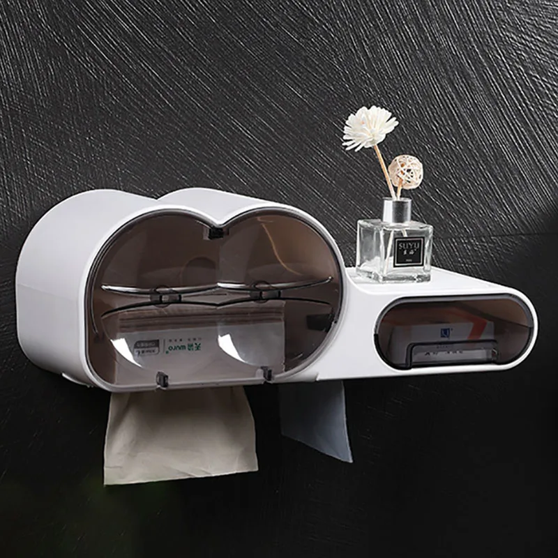 

Wall-Mounted Tissue Box Creative Roll Paper Semi-Automatic Opening Closing Storage Box Transparent Window Bathroom Accessories