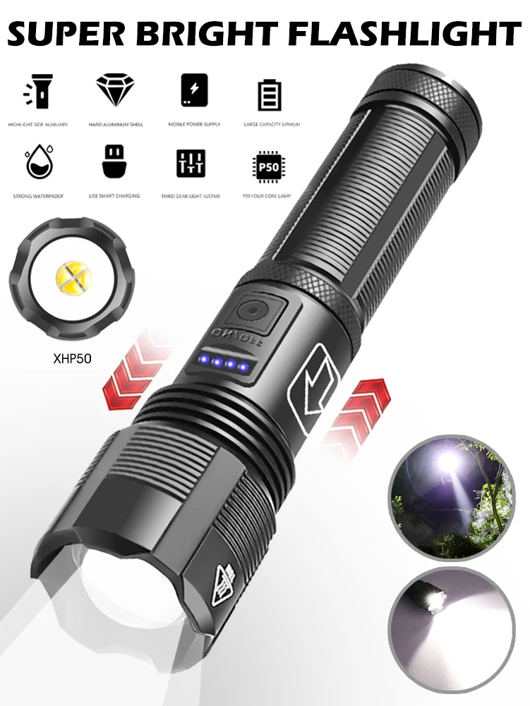 

Тактифонарь охотничий фонарик XHP50/XHP70, перезаряжаемый от Usb масштабируемый фонарик с батареей 18650 AAA, водонепроницаемый