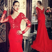 bride de noiva sexy red evening prom gown 2020 v neck lace appliques long sleeve party mother of the bride dresses