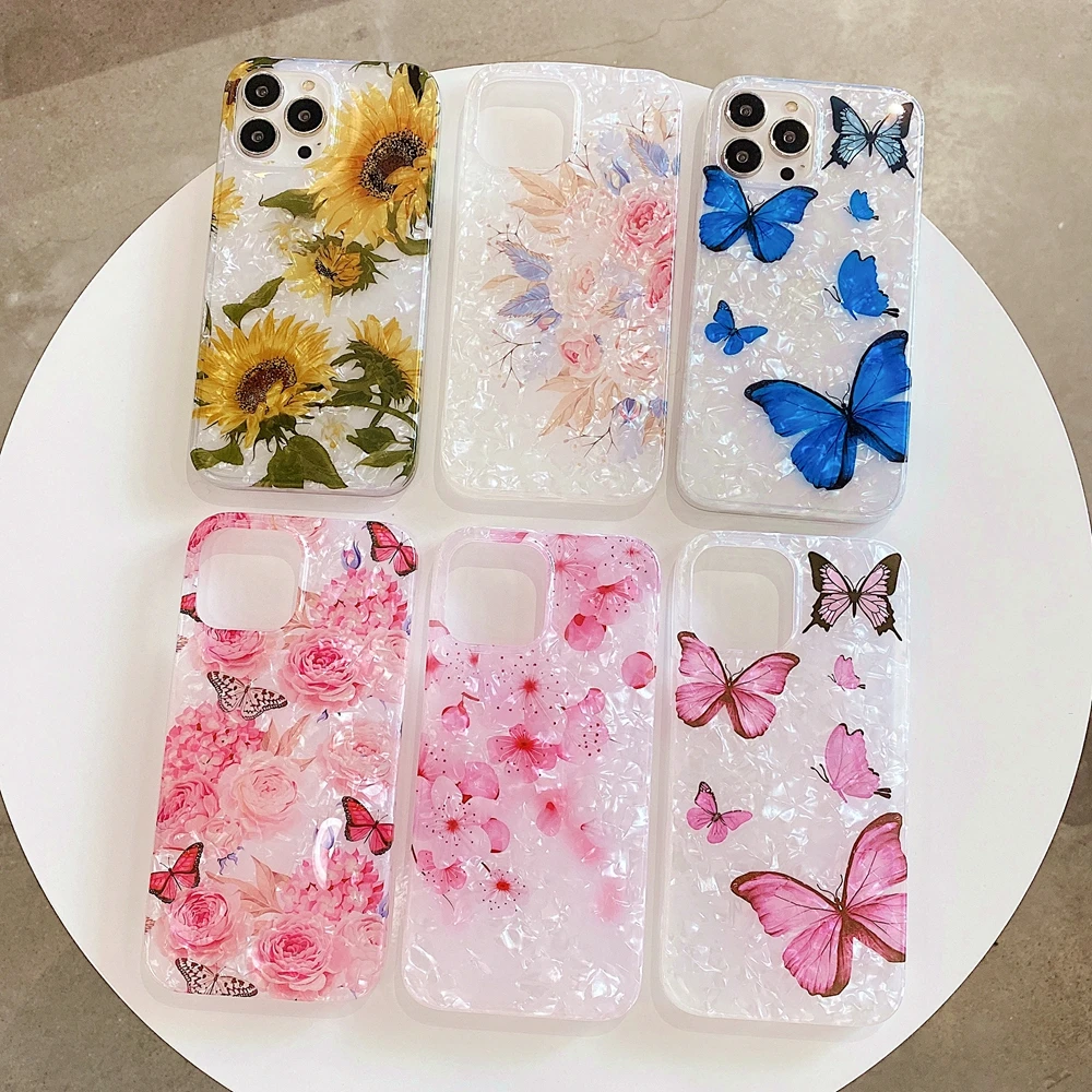 

Stylish Shell Pink Butterfly Flower Sun Flower Phone Case Stand For iPhone 13 12 11 Pro Max XS Max XR X Soft IMD Cover