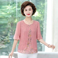 2021 new fake two pieces women half sleeve shirts summer floral chiffon tops casual large size 5xl mother blouses shirt