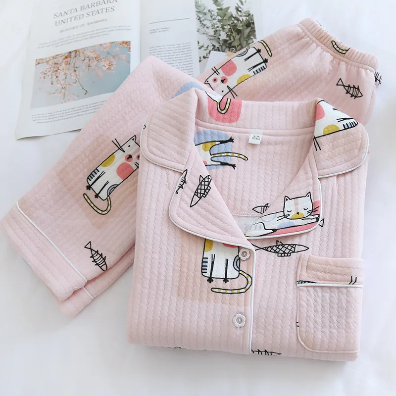 

Women Thickened Pure Cotton Pyjama Ensembles Long-sleeved Three-layer Thin Home Clothes Suit Women's Clothing Pigiama Donna