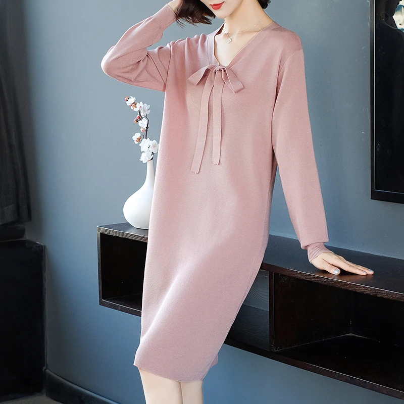 

Женское платье с воротником-бабочкой, Осеннее женское однотонное платье-свитер, длинный свитер, бесплатная доставка